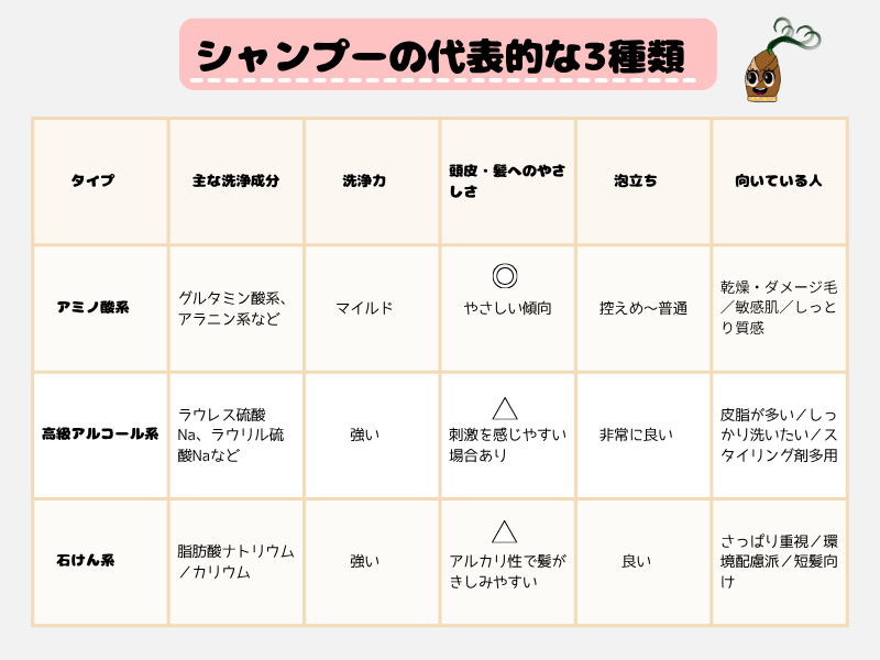 代表的なシャンプー剤の比較